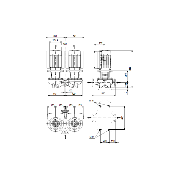 Одноступенчатый вертикальный центробежный насос «ин-лайн» Grundfos TPED 100-170/4 A-F-A-BQQE артикул 99114634 – габаритный чертеж