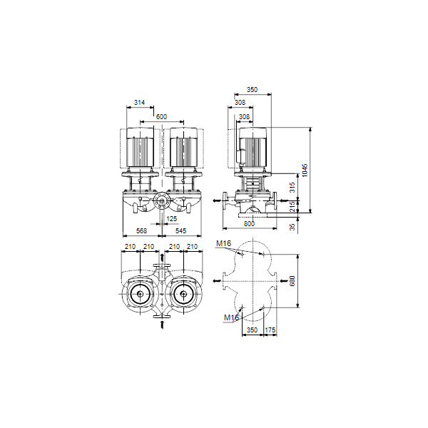Одноступенчатый вертикальный центробежный насос «ин-лайн» Grundfos TPED 125-190/4 A-F-A-BQQE артикул 98743760 – габаритный чертеж