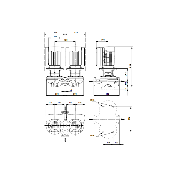 Одноступенчатый вертикальный центробежный насос «ин-лайн» Grundfos TPED 50-710/2 A-F-A-BAQE артикул 96096480 – габаритный чертеж