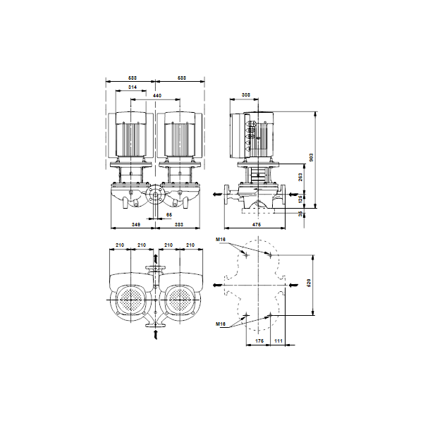Одноступенчатый вертикальный центробежный насос «ин-лайн» Grundfos TPED 65-660/2 A-F-A-BQQE артикул 96096660 – габаритный чертеж