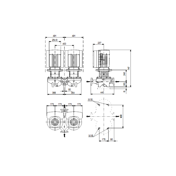 Одноступенчатый вертикальный центробежный насос «ин-лайн» Grundfos TPED 80-250/2 A-F-A-BQQE артикул 99114619 – габаритный чертеж