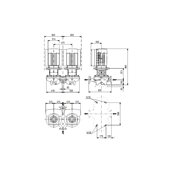 Одноступенчатый вертикальный центробежный насос «ин-лайн» Grundfos TPED 80-520/2 A-F-A-BQQE артикул 96110129 – габаритный чертеж