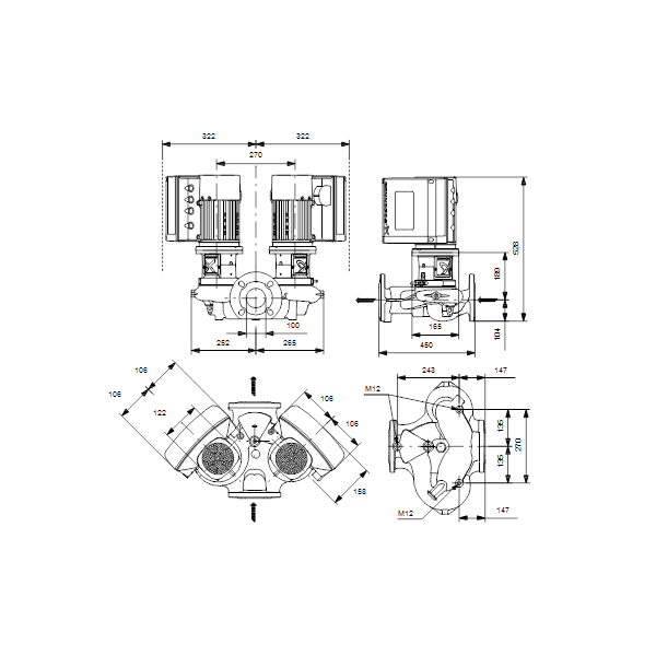 Одноступенчатый вертикальный центробежный насос «ин-лайн» Grundfos TPE3 D 100-150-S A-F-A-BQQE артикул 99272539 – габаритный чертеж