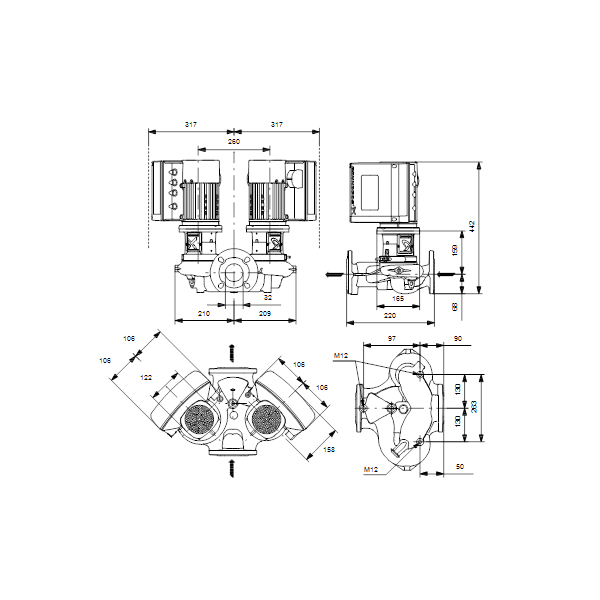 Одноступенчатый вертикальный центробежный насос «ин-лайн» Grundfos TPE3 D 32-180-S A-F-A-BQBE артикул 99272643 – габаритный чертеж