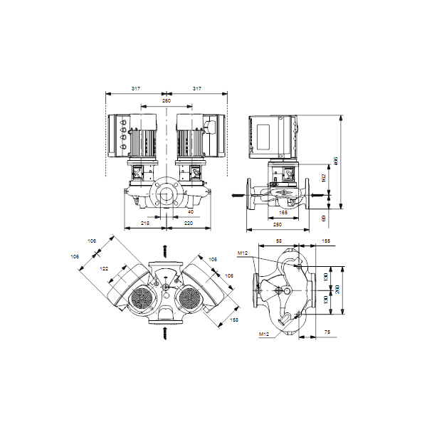 Одноступенчатый вертикальный центробежный насос «ин-лайн» Grundfos TPE3 D 40-240-S A-F-A-BQBE артикул 99272650 – габаритный чертеж