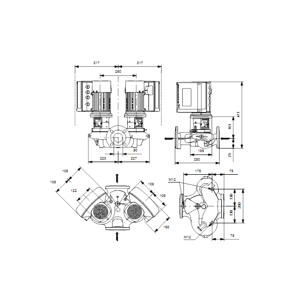 Одноступенчатый вертикальный центробежный насос «ин-лайн» Grundfos TPE3 D 50-200-S A-F-A-BQQE артикул 99272598 – габаритный чертеж