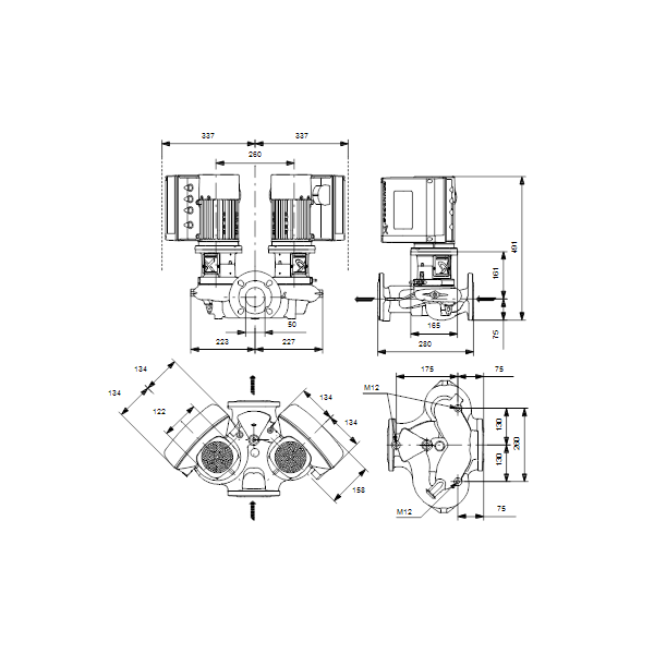 Одноступенчатый вертикальный центробежный насос «ин-лайн» Grundfos TPE3 D 50-80-S A-F-A-BQBE артикул 99272610 – габаритный чертеж