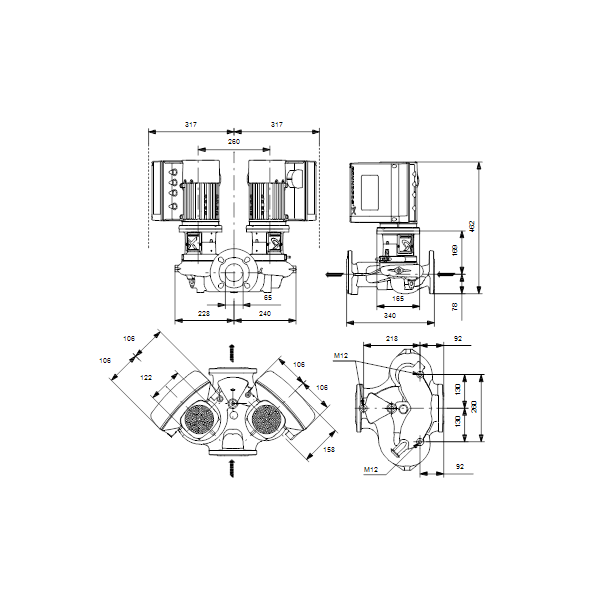 Одноступенчатый вертикальный центробежный насос «ин-лайн» Grundfos TPE3 D 65-80-S A-F-A-BQQE артикул 99272600 – габаритный чертеж