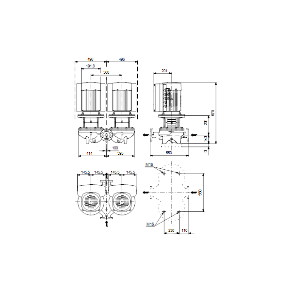 Одноступенчатый вертикальный центробежный насос «ин-лайн» Grundfos TPED 100-110/4-S A-F-A-BQQE артикул 99132860 – габаритный чертеж