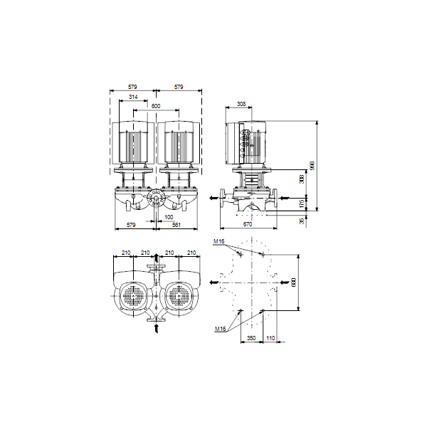 Одноступенчатый вертикальный центробежный насос «ин-лайн» Grundfos TPED 100-330/4-S A-F-A-BQQE артикул 96945815 – габаритный чертеж
