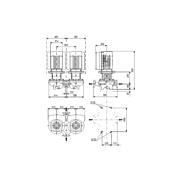 Одноступенчатый вертикальный центробежный насос «ин-лайн» Grundfos TPED 100-360/2-S A-F-A-BQQE артикул 96945775 – габаритный чертеж