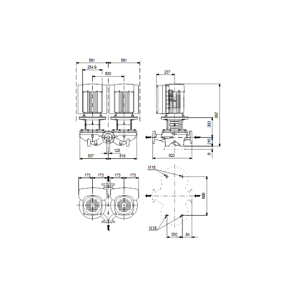 Одноступенчатый вертикальный центробежный насос «ин-лайн» Grundfos TPED 125-130/4-S A-F-A-BQQE артикул 99132865 – габаритный чертеж