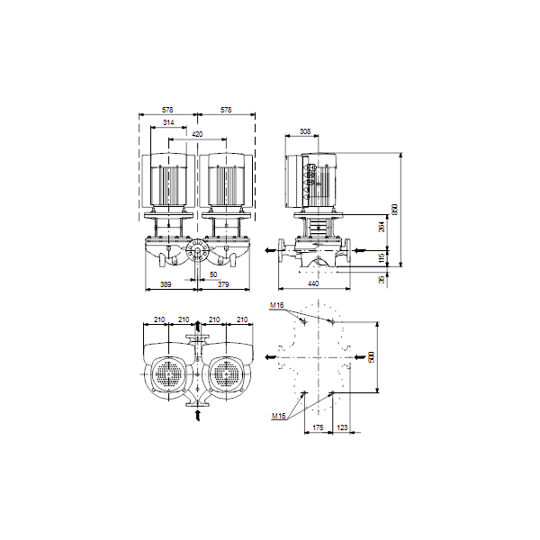 Одноступенчатый вертикальный центробежный насос «ин-лайн» Grundfos TPED 50-710/2-S A-F-A-BAQE артикул 96945768 – габаритный чертеж