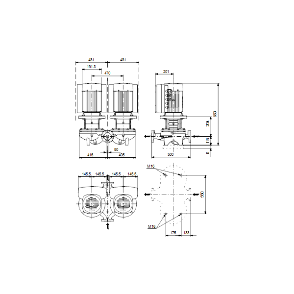Одноступенчатый вертикальный центробежный насос «ин-лайн» Grundfos TPED 80-170/4-S A-F-A-BAQE артикул 99114737 – габаритный чертеж