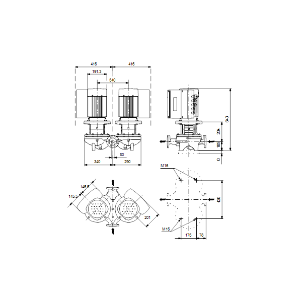 Одноступенчатый вертикальный центробежный насос «ин-лайн» Grundfos TPED 80-210/2-S A-F-A-BQQE артикул 99132838 – габаритный чертеж