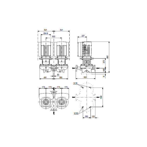 Одноступенчатый вертикальный центробежный насос «ин-лайн» Grundfos TPED 80-270/4-S A-F-A-BQQE артикул 99132857 – габаритный чертеж