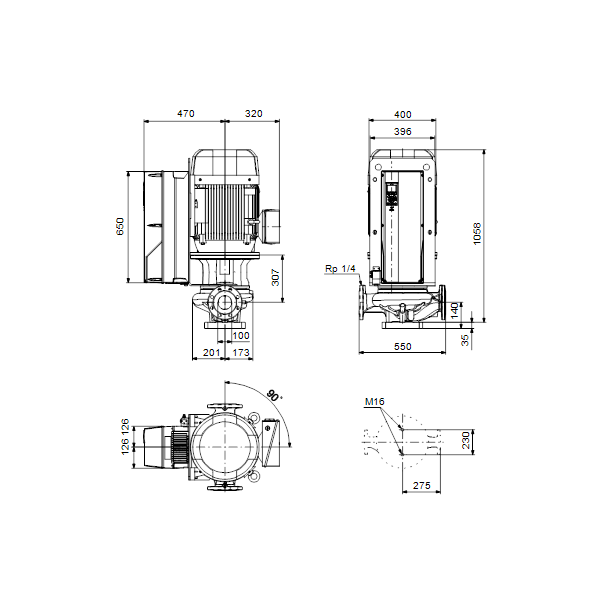 Одноступенчатый вертикальный центробежный насос «ин-лайн» Grundfos TPE 100-480/2-NC A-F-A-BAQE артикул 99473575 – габаритный чертеж