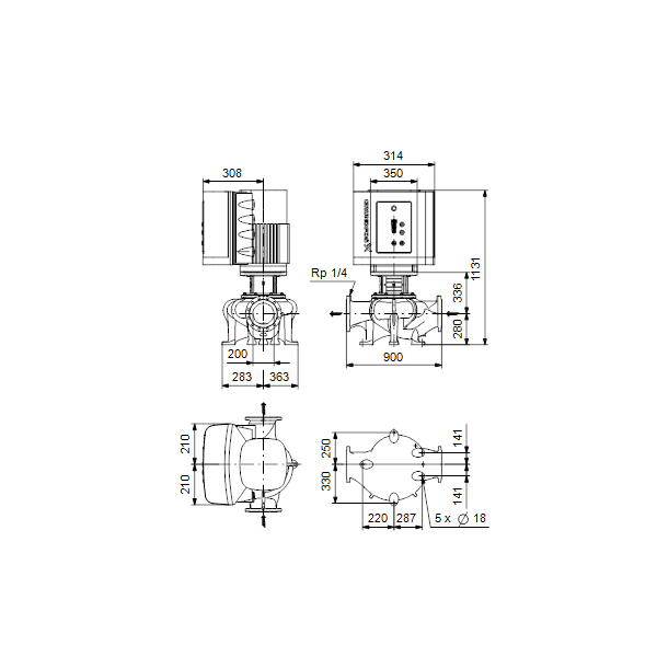 Одноступенчатый вертикальный центробежный насос «ин-лайн» Grundfos TPE 200-130/4 A-F-A-BAQE артикул 95046220 – габаритный чертеж