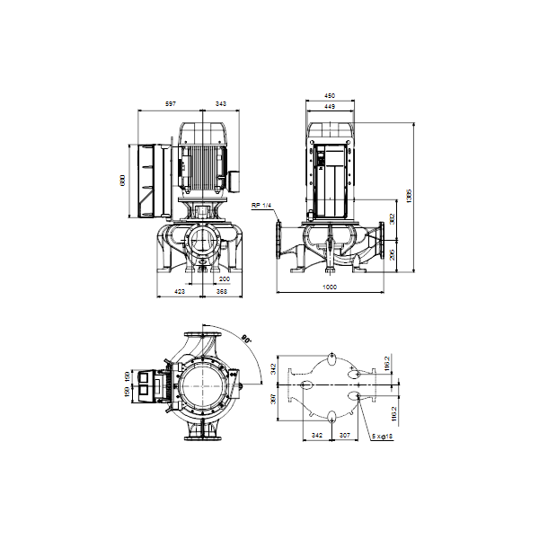 Одноступенчатый вертикальный центробежный насос «ин-лайн» Grundfos TPE 200-360/4-NC A-F-A-BAQE артикул 99473598 – габаритный чертеж