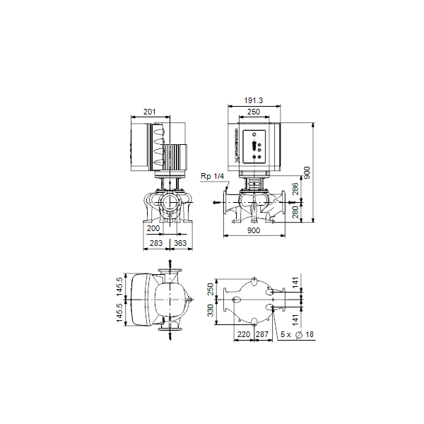 Одноступенчатый вертикальный центробежный насос «ин-лайн» Grundfos TPE 200-50/4 A-F-A-BQQE артикул 99113660 – габаритный чертеж