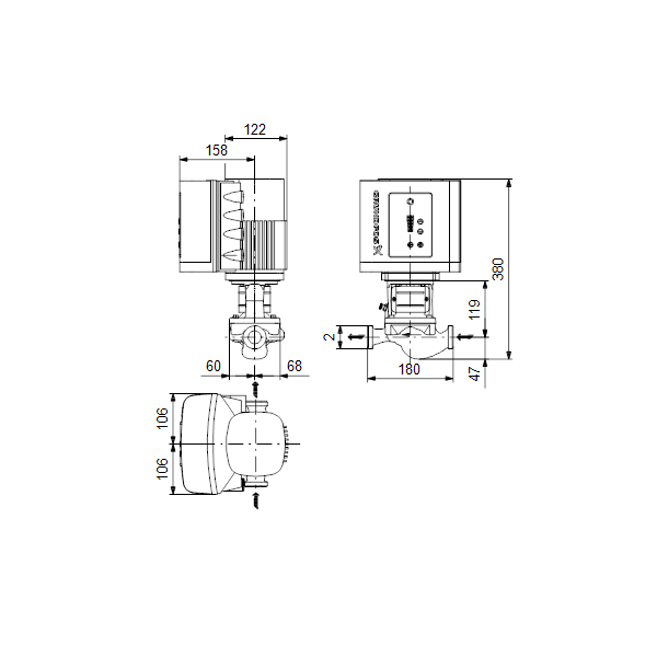 Одноступенчатый вертикальный центробежный насос «ин-лайн» Grundfos TPE 32-90/2 A-O-A-BQBE артикул 99222076 – габаритный чертеж