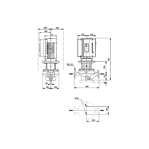 Одноступенчатый вертикальный центробежный насос «ин-лайн» Grundfos TPE 50-900/2 A-F-A-BQQE артикул 96096442 – габаритный чертеж