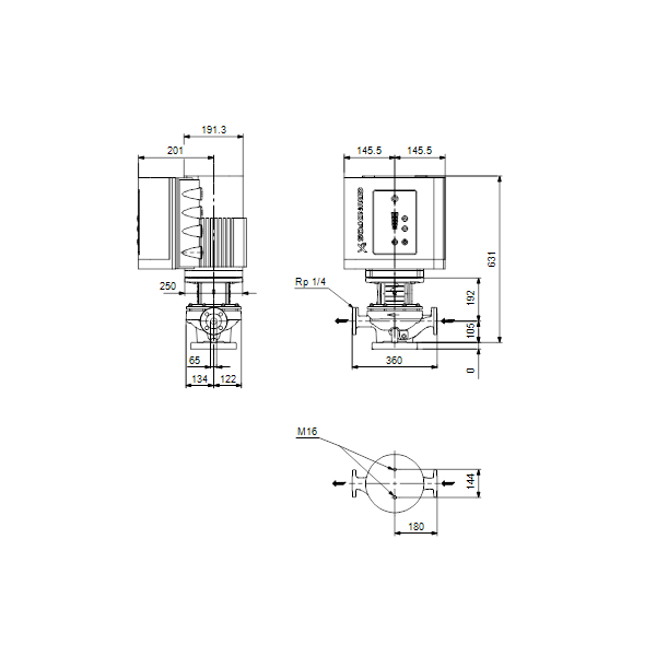 Одноступенчатый вертикальный центробежный насос «ин-лайн» Grundfos TPE 65-210/2 A-F-A-BAQE артикул 99113897 – габаритный чертеж