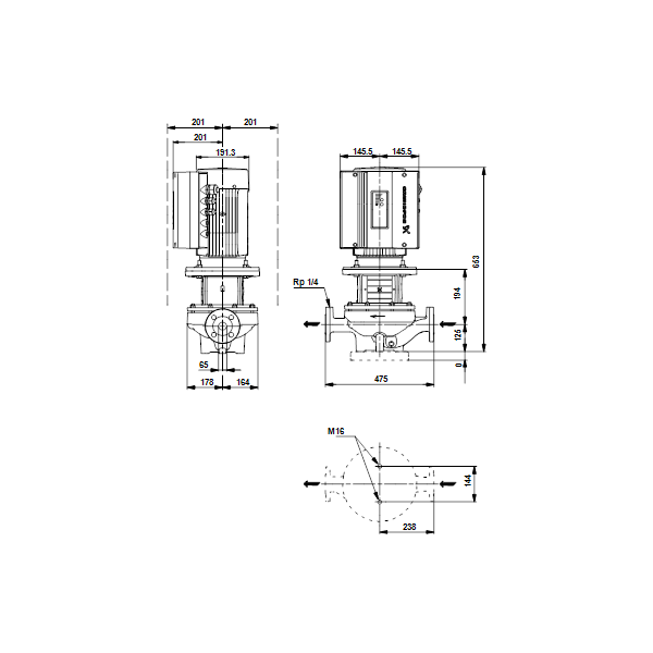 Одноступенчатый вертикальный центробежный насос «ин-лайн» Grundfos TPE 65-240/4 A-F-A-BAQE артикул 99113681 – габаритный чертеж