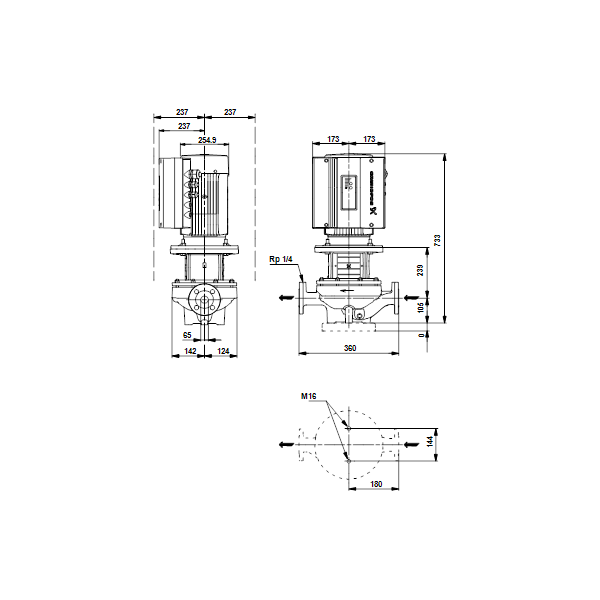 Одноступенчатый вертикальный центробежный насос «ин-лайн» Grundfos TPE 65-410/2 A-F-A-BQQE артикул 99113945 – габаритный чертеж