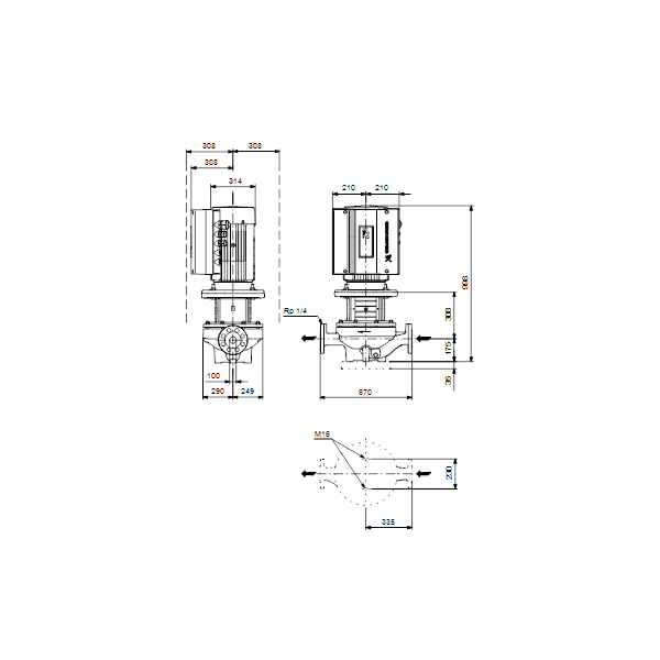 Одноступенчатый вертикальный центробежный насос «ин-лайн» Grundfos TPE 100-250/4-S A-F-A-BQQE артикул 96276046 – габаритный чертеж