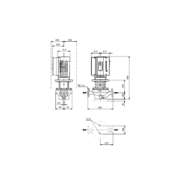 Одноступенчатый вертикальный центробежный насос «ин-лайн» Grundfos TPE 100-360/2-S A-F-A-BAQE артикул 96275691 – габаритный чертеж