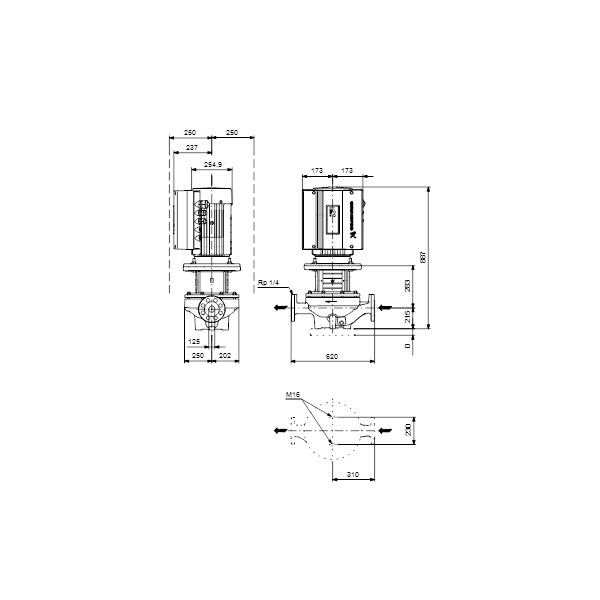 Одноступенчатый вертикальный центробежный насос «ин-лайн» Grundfos TPE 125-130/4-S A-F-A-BQQE артикул 99114727 – габаритный чертеж