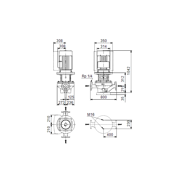 Одноступенчатый вертикальный центробежный насос «ин-лайн» Grundfos TPE 125-190/4-S A-F-A-BQQE артикул 98743757 – габаритный чертеж