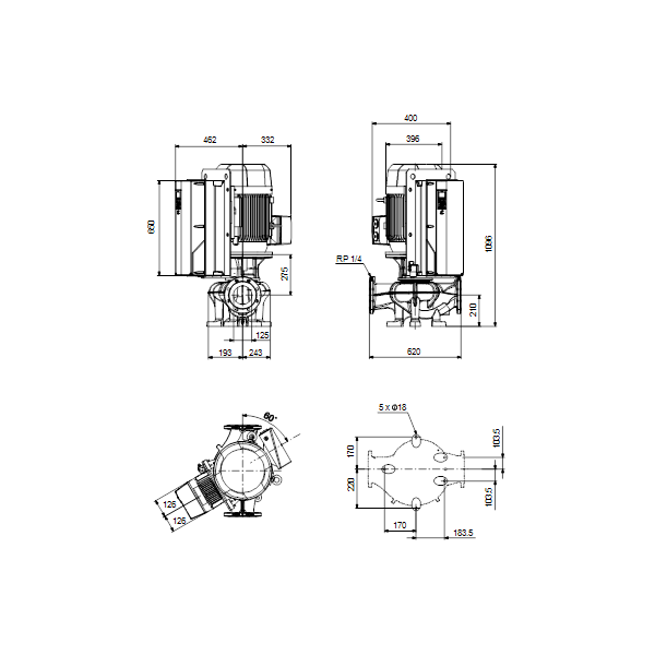 Одноступенчатый вертикальный центробежный насос «ин-лайн» Grundfos TPE 125-360/2-SC A-F-A-BAQE артикул 99474550 – габаритный чертеж