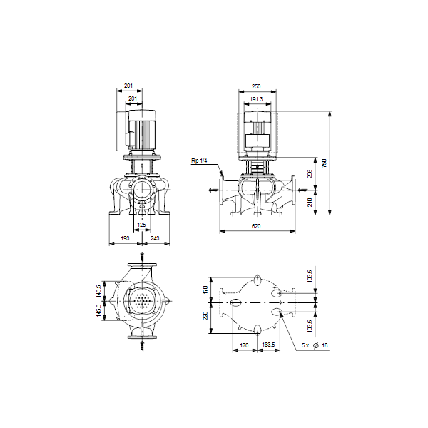 Одноступенчатый вертикальный центробежный насос «ин-лайн» Grundfos TPE 125-60/4-S A-F-A-BQQE артикул 99114752 – габаритный чертеж