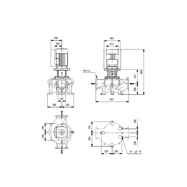 Одноступенчатый вертикальный центробежный насос «ин-лайн» Grundfos TPE 150-170/4-S A-F-A-BQQE артикул 98908258 – габаритный чертеж