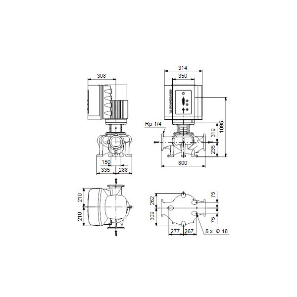 Одноступенчатый вертикальный центробежный насос «ин-лайн» Grundfos TPE 150-260/4-S A-F-A-BQQE артикул 96306319 – габаритный чертеж