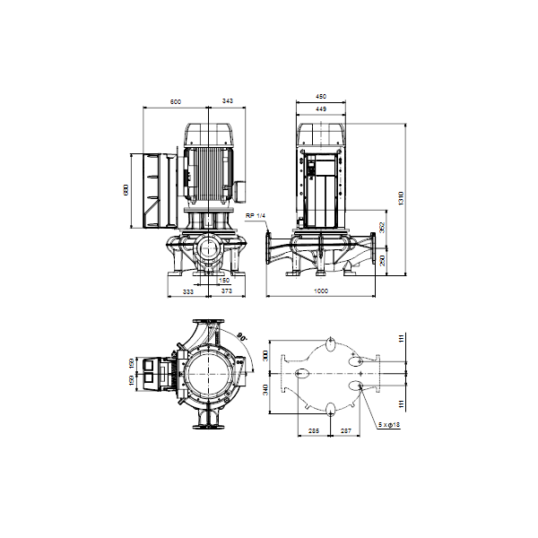 Одноступенчатый вертикальный центробежный насос «ин-лайн» Grundfos TPE 150-450/4-SC A-F-A-BAQE артикул 99474557 – габаритный чертеж