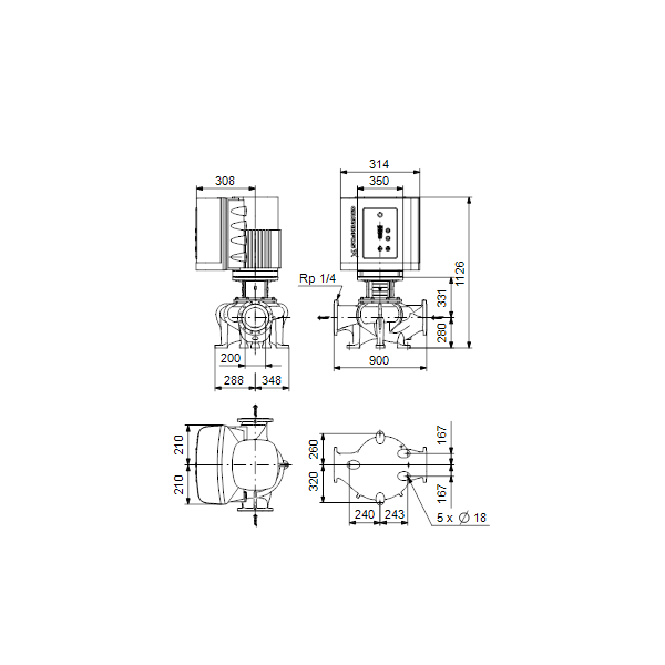 Одноступенчатый вертикальный центробежный насос «ин-лайн» Grundfos TPE 200-160/4-S A-F-A-BQQE артикул 97927586 – габаритный чертеж