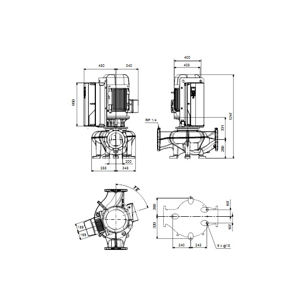 Одноступенчатый вертикальный центробежный насос «ин-лайн» Grundfos TPE 200-240/4-SC A-F-A-BQQE артикул 99474597 – габаритный чертеж