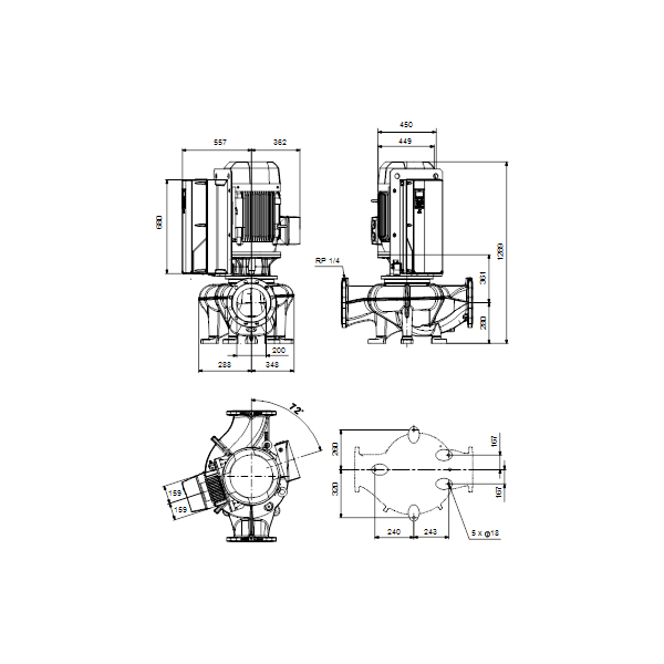 Одноступенчатый вертикальный центробежный насос «ин-лайн» Grundfos TPE 200-290/4-SC A-F-A-BQQE артикул 99474599 – габаритный чертеж