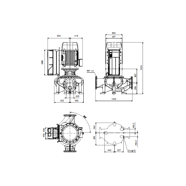 Одноступенчатый вертикальный центробежный насос «ин-лайн» Grundfos TPE 200-400/4-SC A-F-A-BAQE артикул 99474576 – габаритный чертеж