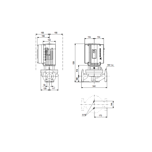 Одноступенчатый вертикальный центробежный насос «ин-лайн» Grundfos TPE 32-200/2-S A-F-A-BQQE артикул 99133562 – габаритный чертеж