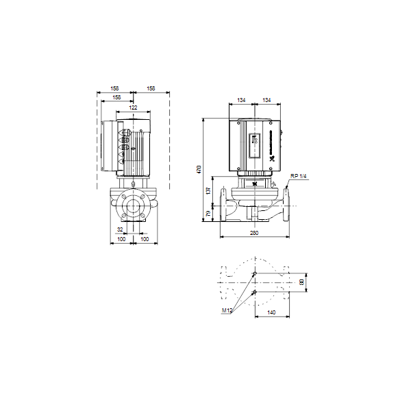 Одноступенчатый вертикальный центробежный насос «ин-лайн» Grundfos TPE 32-230/2-S A-F-A-BQBE артикул 99222230 – габаритный чертеж