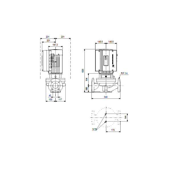 Одноступенчатый вертикальный центробежный насос «ин-лайн» Grundfos TPE 40-360/2-S A-F-A-BAQE артикул 99114568 – габаритный чертеж