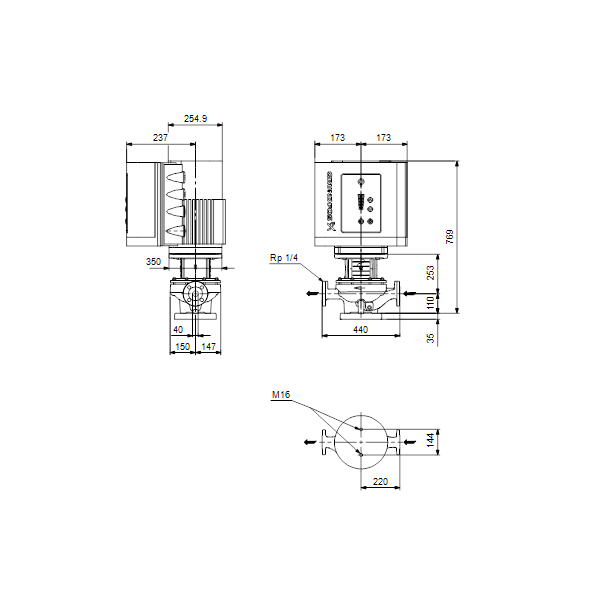 Одноступенчатый вертикальный центробежный насос «ин-лайн» Grundfos TPE 40-630/2-S A-F-A-BQQE артикул 99114662 – габаритный чертеж