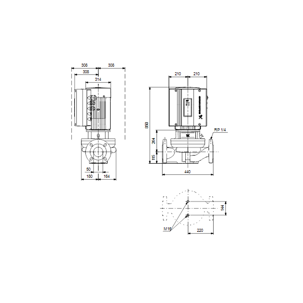 Одноступенчатый вертикальный центробежный насос «ин-лайн» Grundfos TPE 50-710/2-S A-F-A-BQQE артикул 96397037 – габаритный чертеж