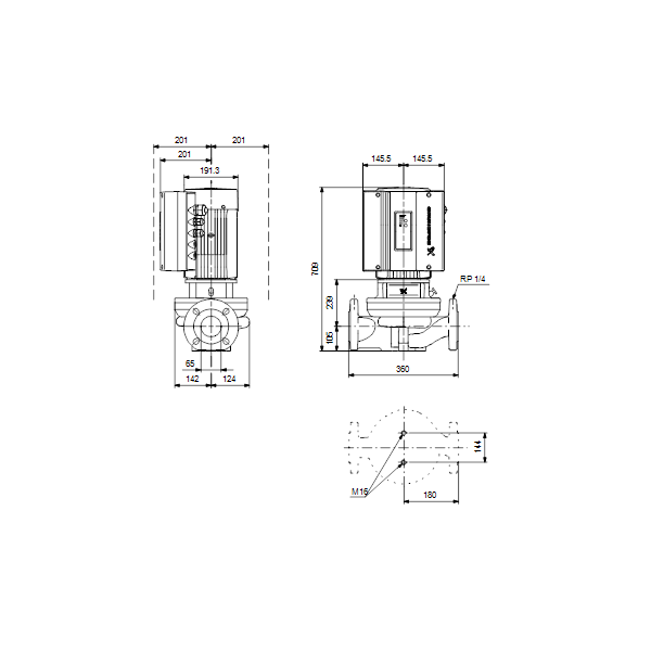 Одноступенчатый вертикальный центробежный насос «ин-лайн» Grundfos TPE 65-340/2-S A-F-A-BQQE артикул 99114671 – габаритный чертеж