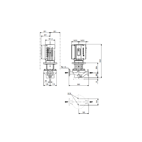 Одноступенчатый вертикальный центробежный насос «ин-лайн» Grundfos TPE 80-180/2-S A-F-A-BAQE артикул 99114582 – габаритный чертеж