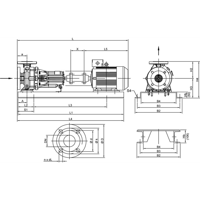 Габаритный чертеж насоса Wilo CronoNorm NL 65/250-18,5-2-12